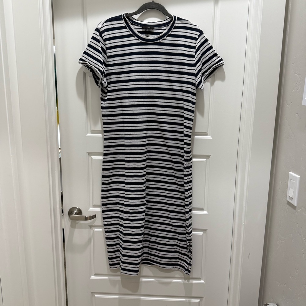 J. Crew Navy Blue and White Short Sleeve T-Shirt Midi Dress Large Nautical